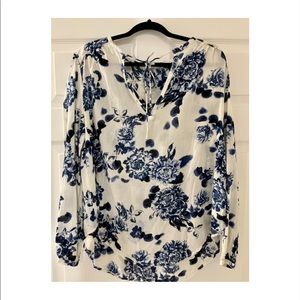 H&M White and Blue Floral Print Flowy Blouse